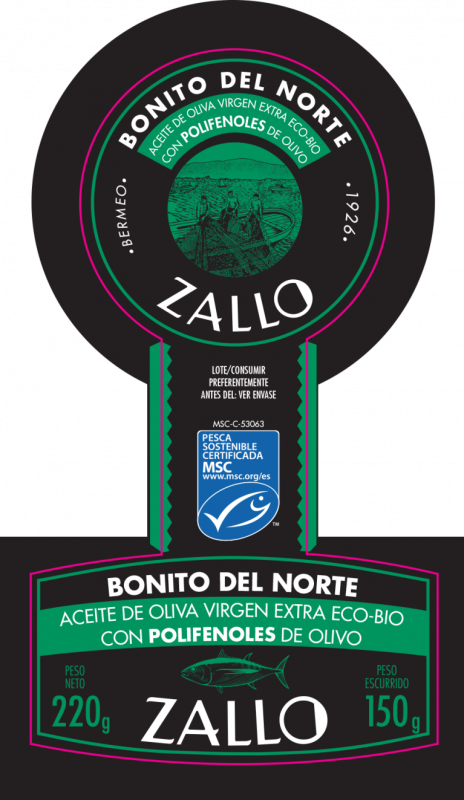 Etiqueta Bonito del Norte ZALLO, en AOVE ecológico con polifenoles de olivo