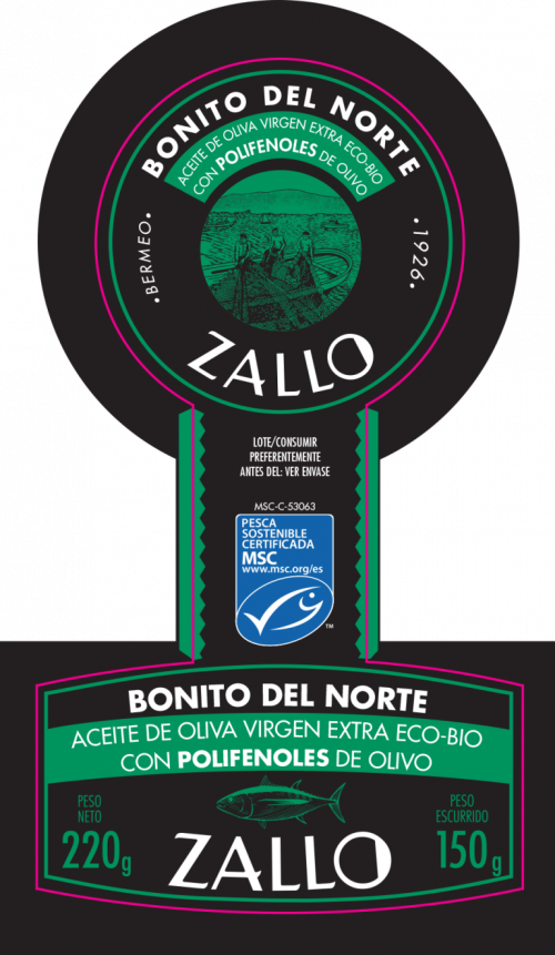 Etiqueta Bonito del Norte ZALLO, en AOVE ecológico con polifenoles de olivo