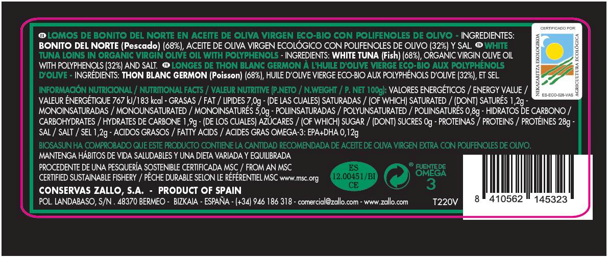 Lista de ingredientes y tabla nutricional