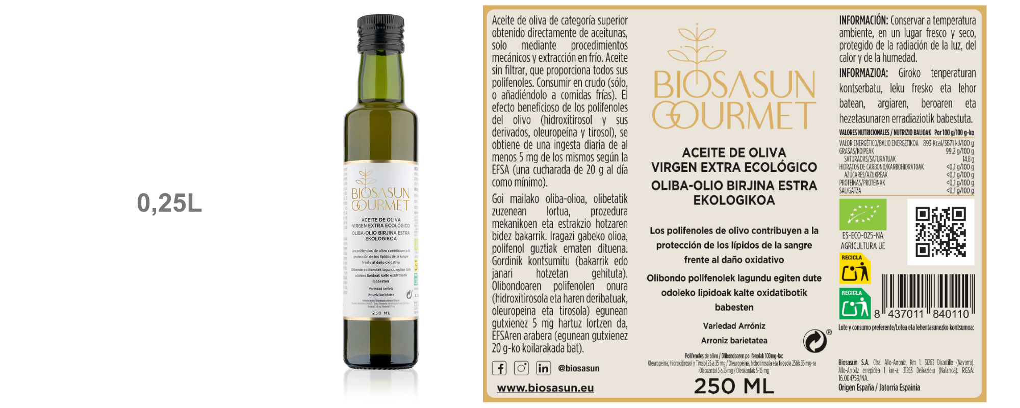 0,25L Aceite de Oliva Virgen Extra con Polifenoles
