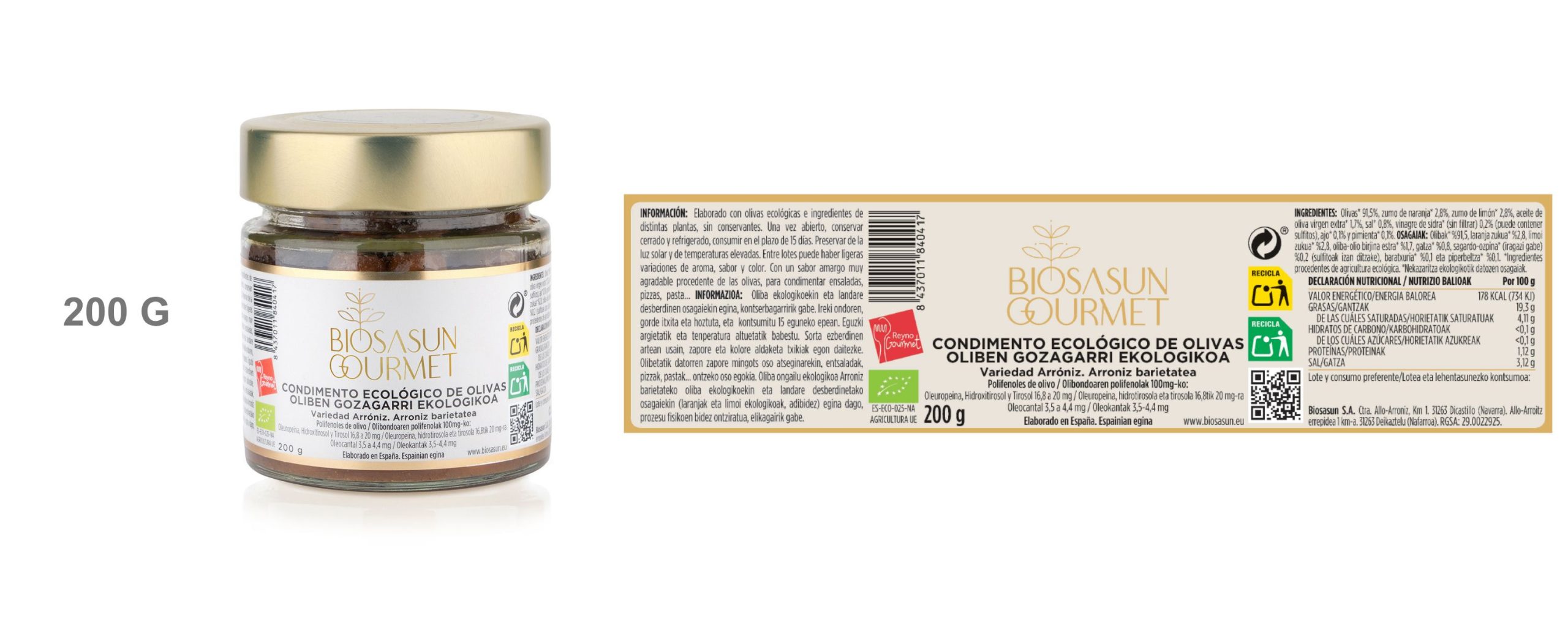 200G Condimento de olivas ecológicas